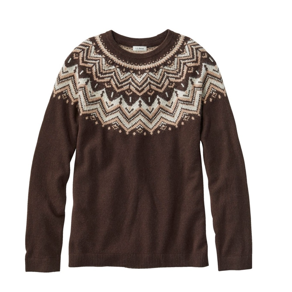 L.L. Bean Women's Chocolate and Cream Geometric Crewneck Sweater